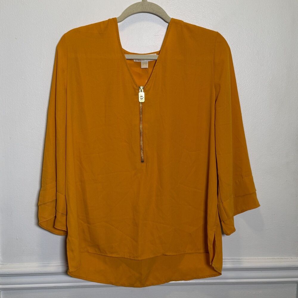Michael Kors Marigold Zip Blouse Hi Low Tunic Top Gold Zip NWT Large